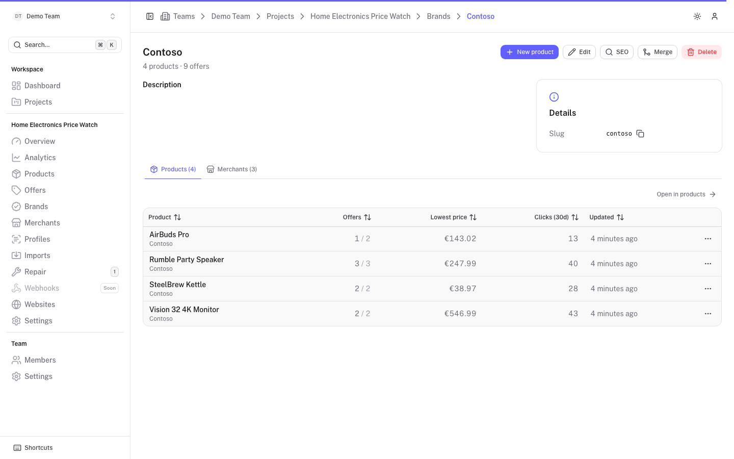 A brand page with its products