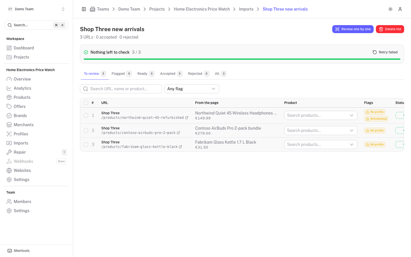 An import list with its review tabs