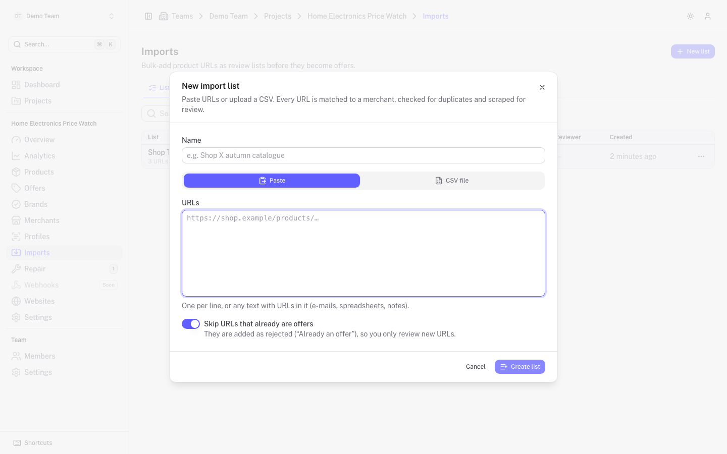 The New import list dialog