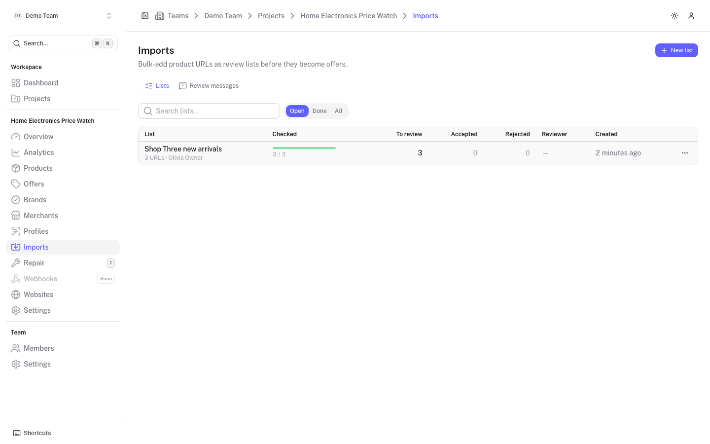 The Imports page with one import list