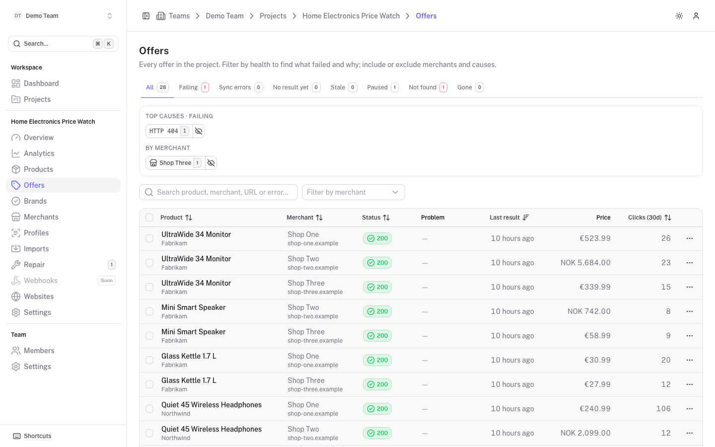 The offers list with health tabs and top causes