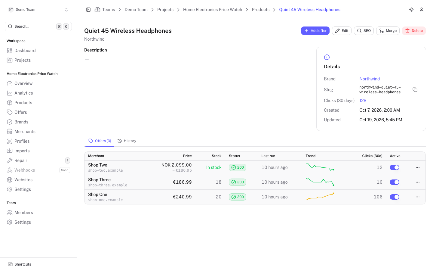 A product page with its details and offers