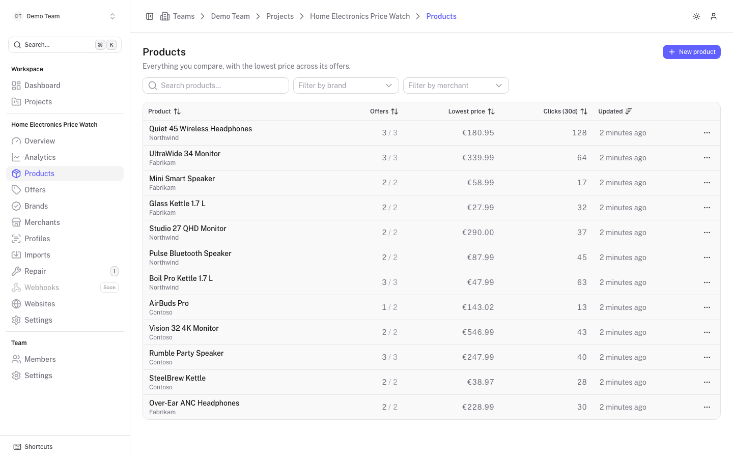 The product list with search, brand and merchant filters