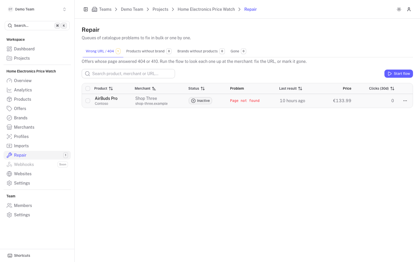 The Repair page with the Wrong URL / 404 queue