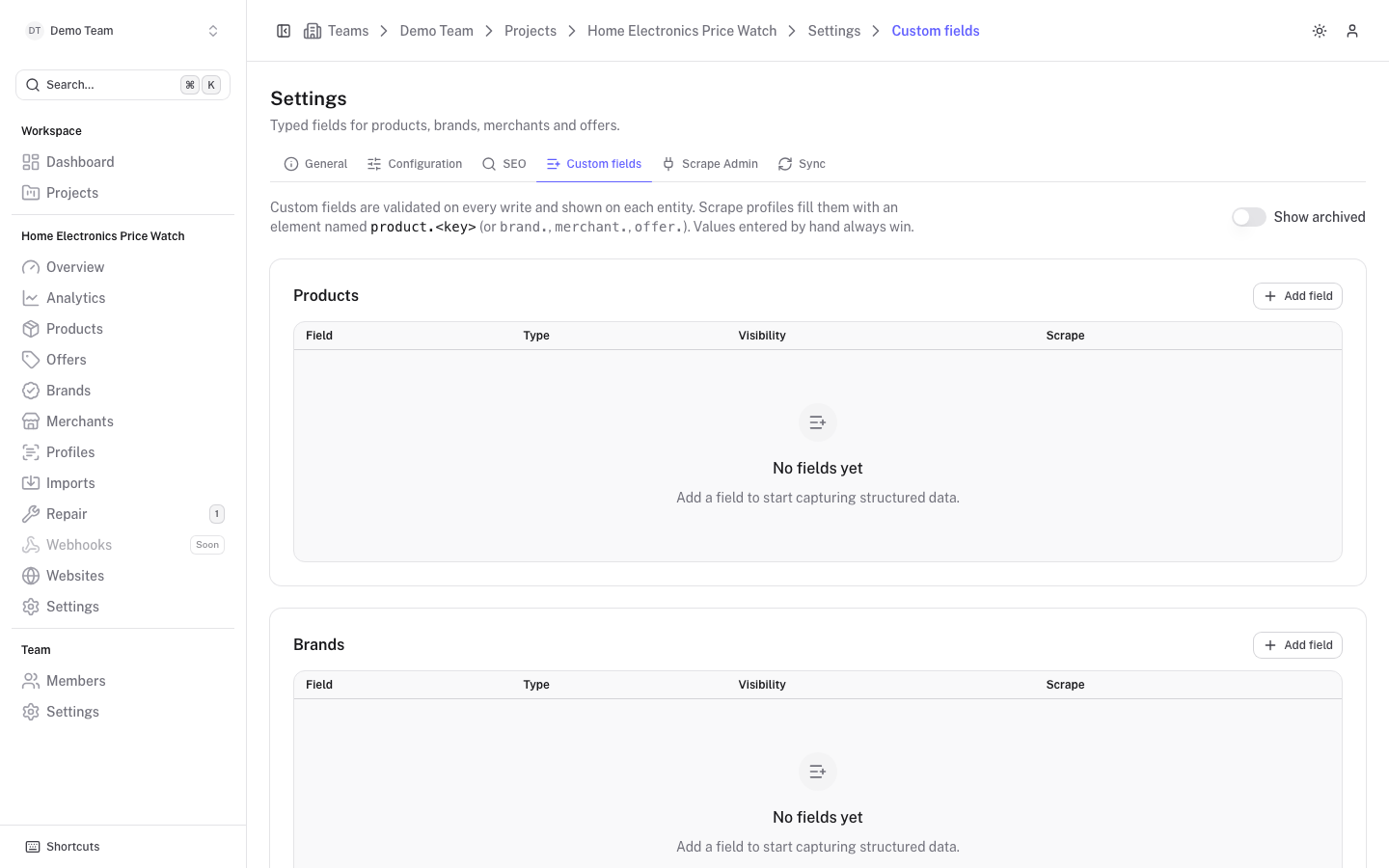 The Custom fields settings tab