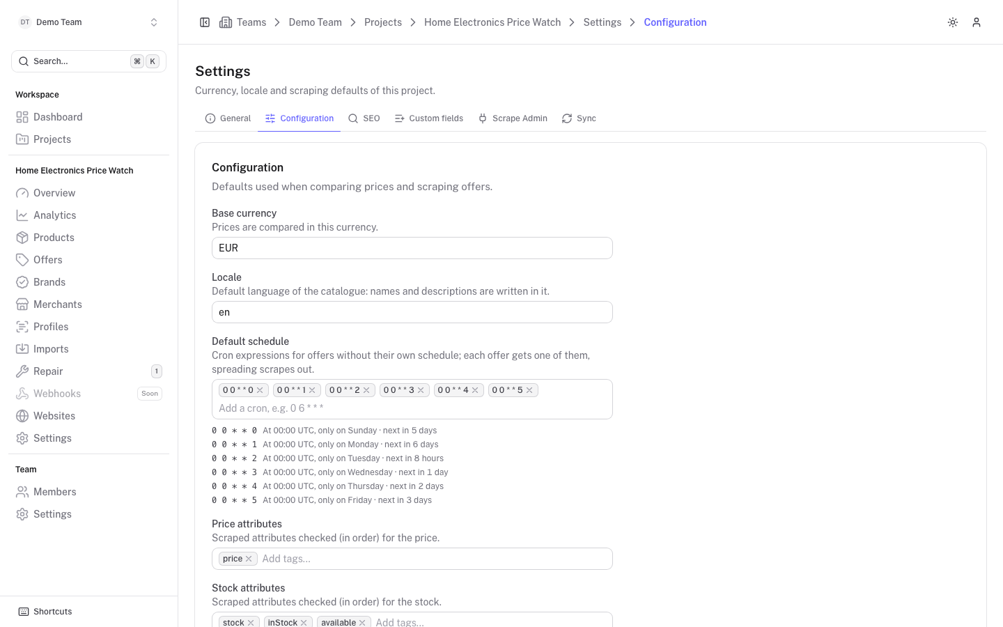 The Configuration settings tab