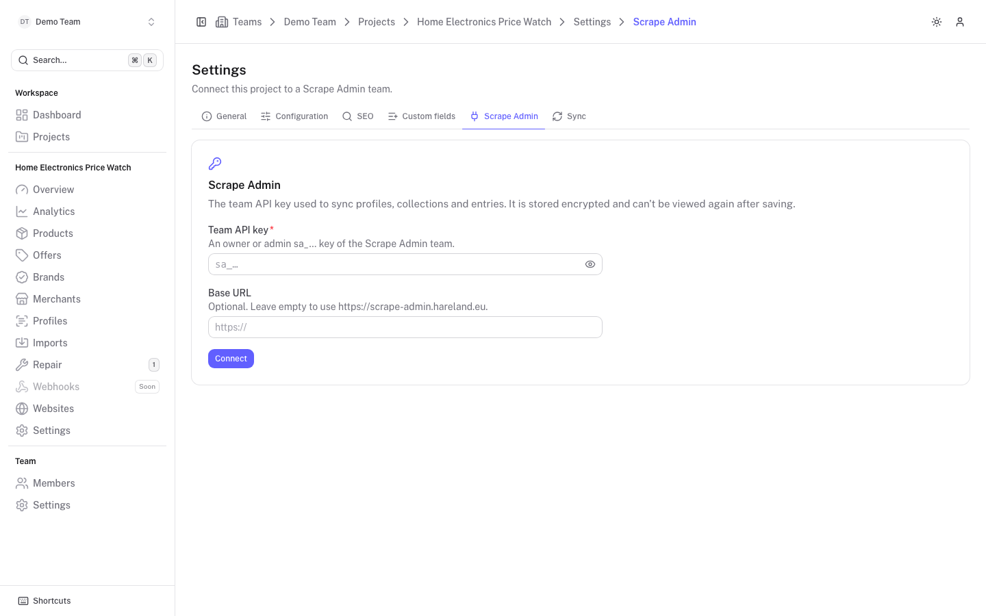 The Scrape Admin settings tab before connecting