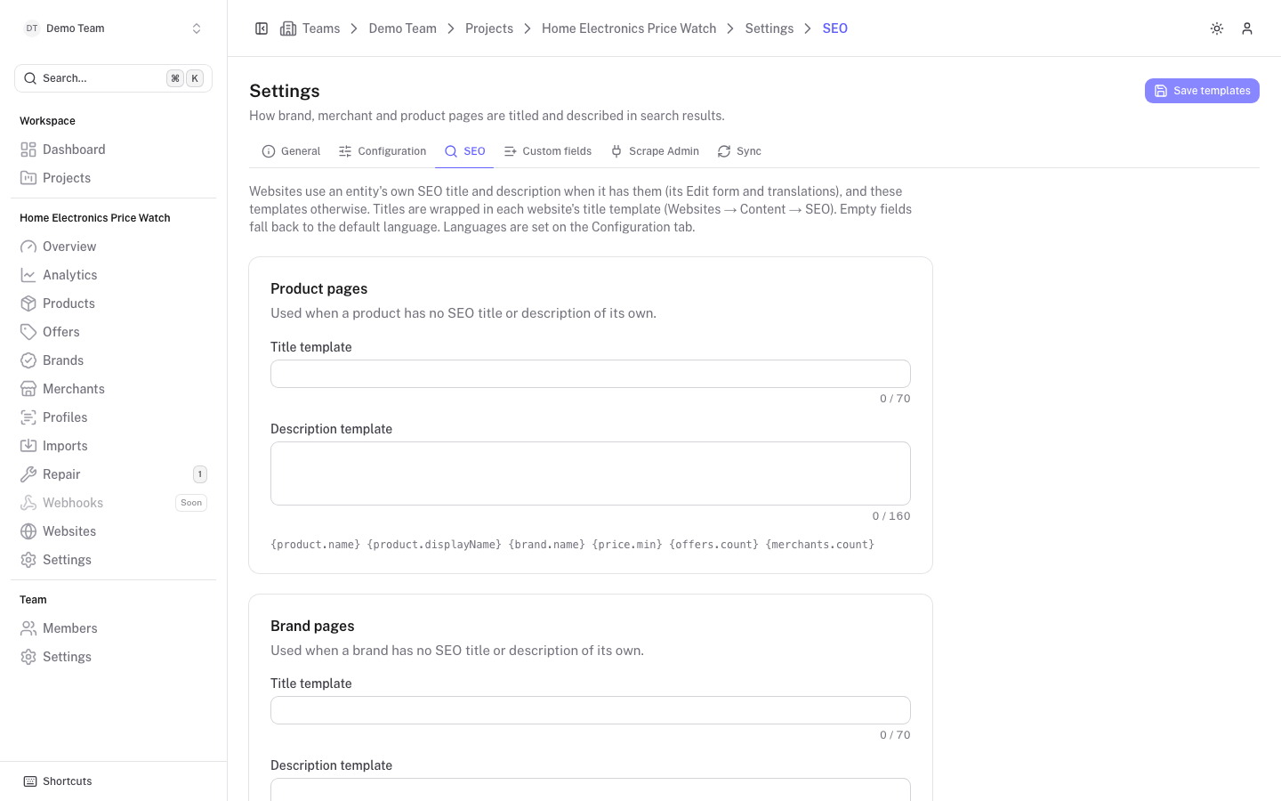 The SEO tab in project settings