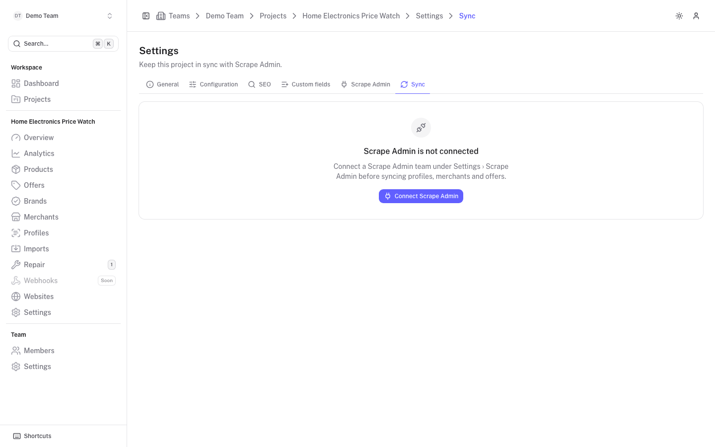 The Sync tab of a project that is not connected yet