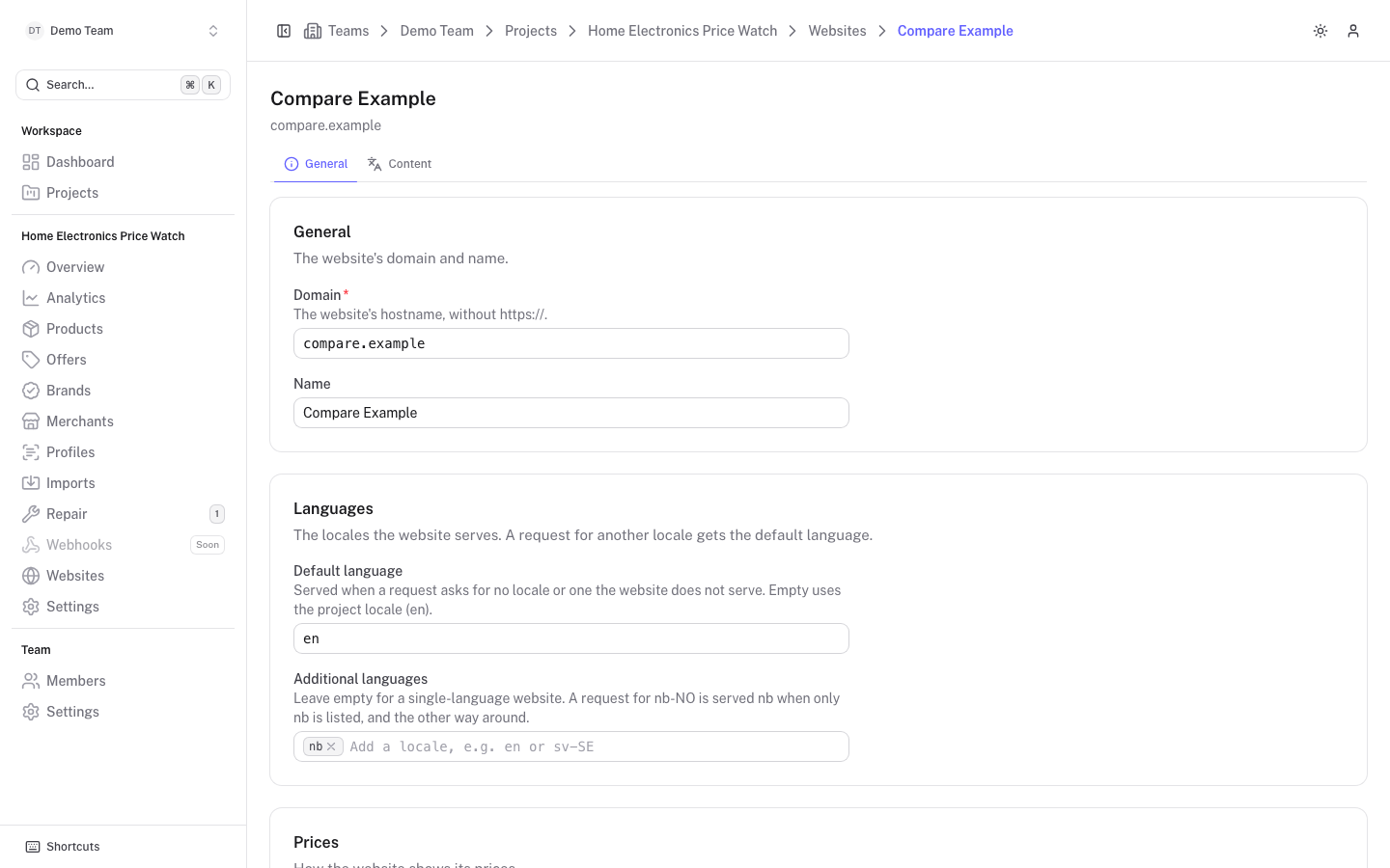 Website detail, General tab